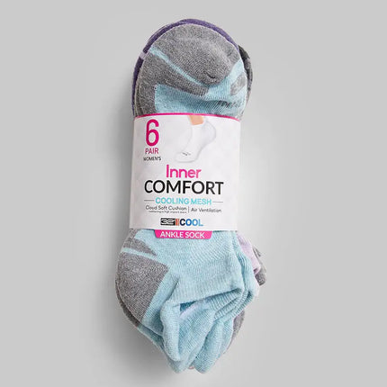 Women's Cool Comfort Ankle Running Sock, 6-Pack - Cloud/Lavender/Grey
