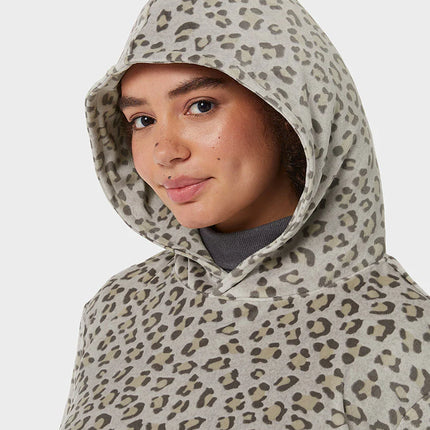 Women's Plush Long Lounge Hoodie - Leopard Grey